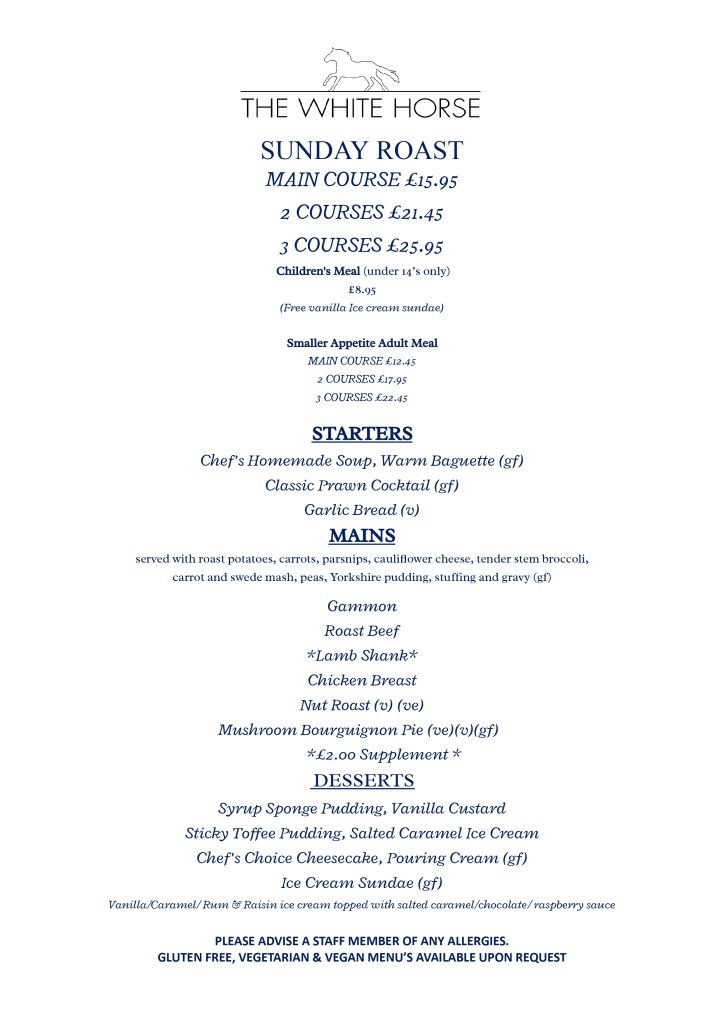 Menus The White Horse Wokingham